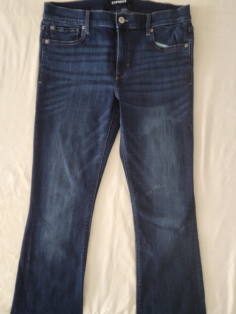 Express Dark Blue  Demin Barely Bootcut Jeans Mid Rise 10R 32 IN Inseam